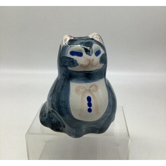 Handmade M A Hadley Blue & White Pottery Cat Figurine With Glossy Finish - Picture 1 of 7